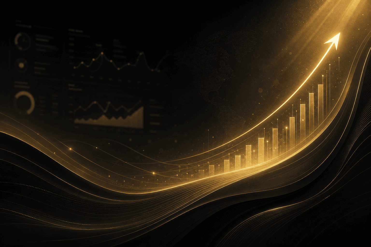 Abstract visualization of measurable growth and analytics clarity in gold and charcoal tones